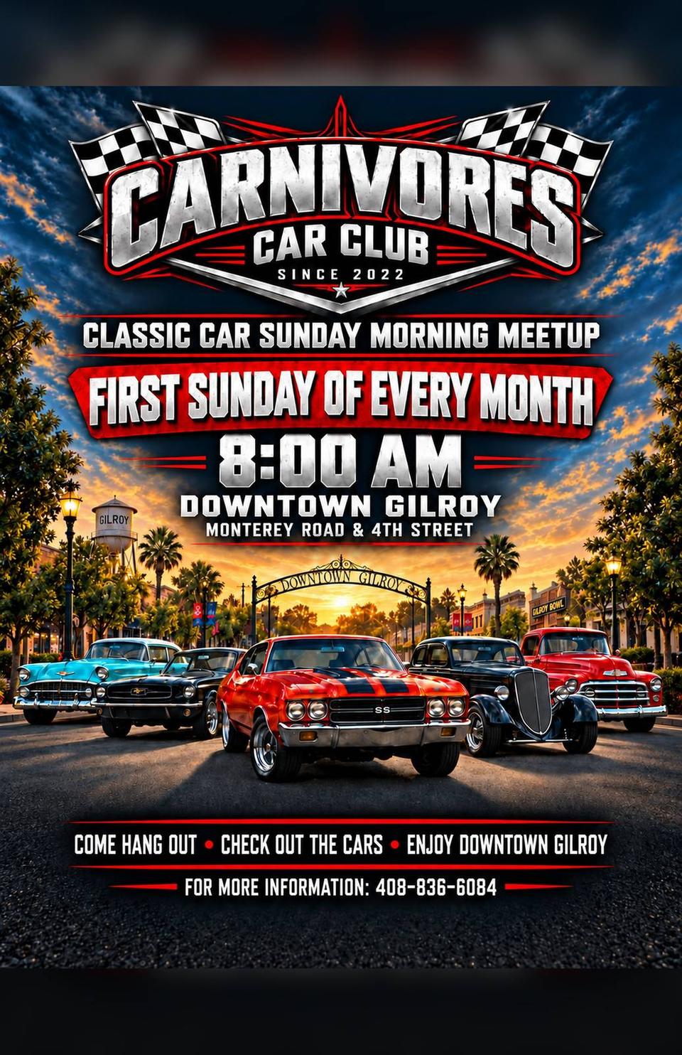 Flyer for Carnivores Classic Car Sunday Morning Meetup - Downtown Gilroy