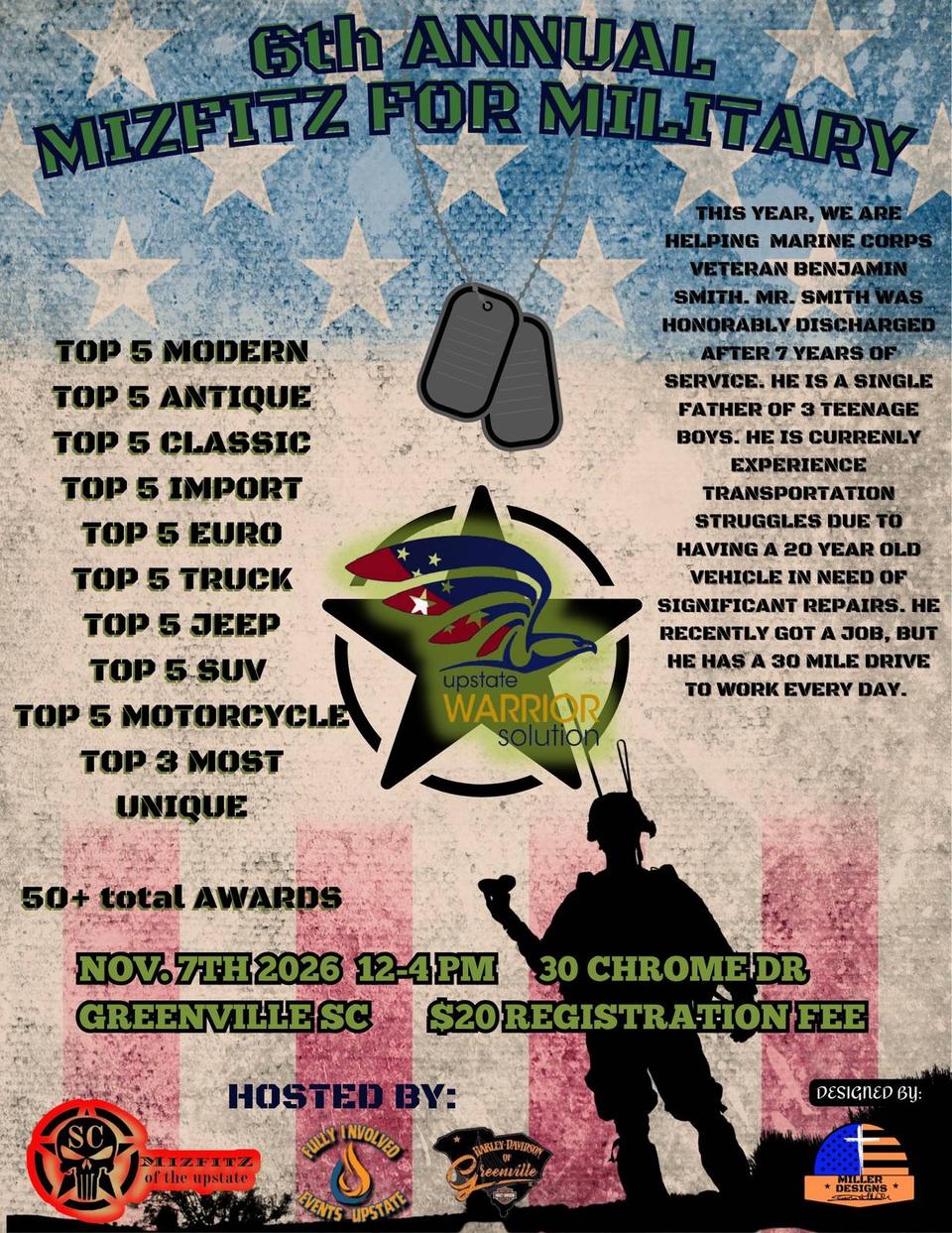 Flyer for 6th Annual Mizfitz for Military Car Show - Harley-Davidson of Greenville