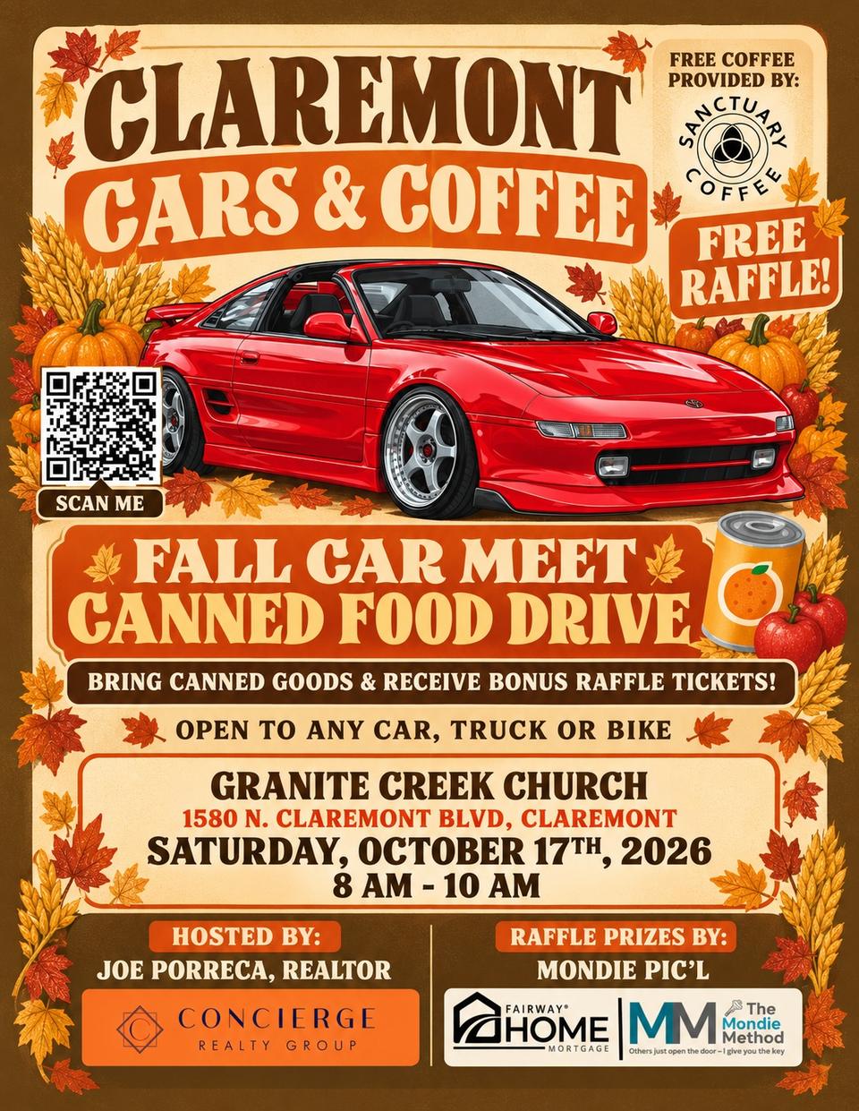 Flyer for Claremont Cars & Coffee - Fall Car Meet & Canned Food Drive