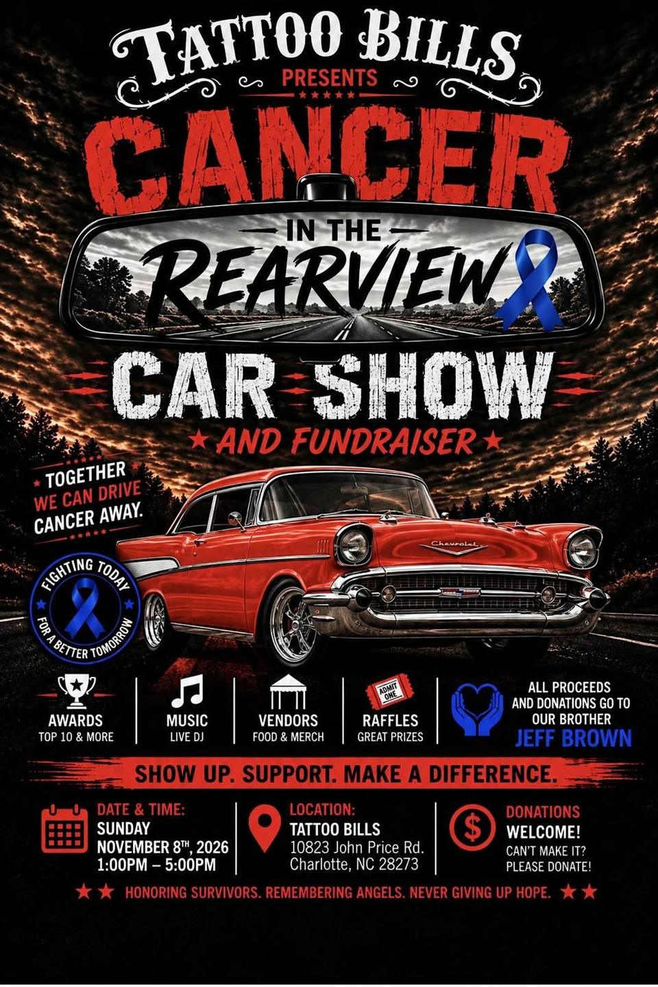 Flyer for Cancer in the Rearview Charity Car Show - Tattoo Bill's, Charlotte