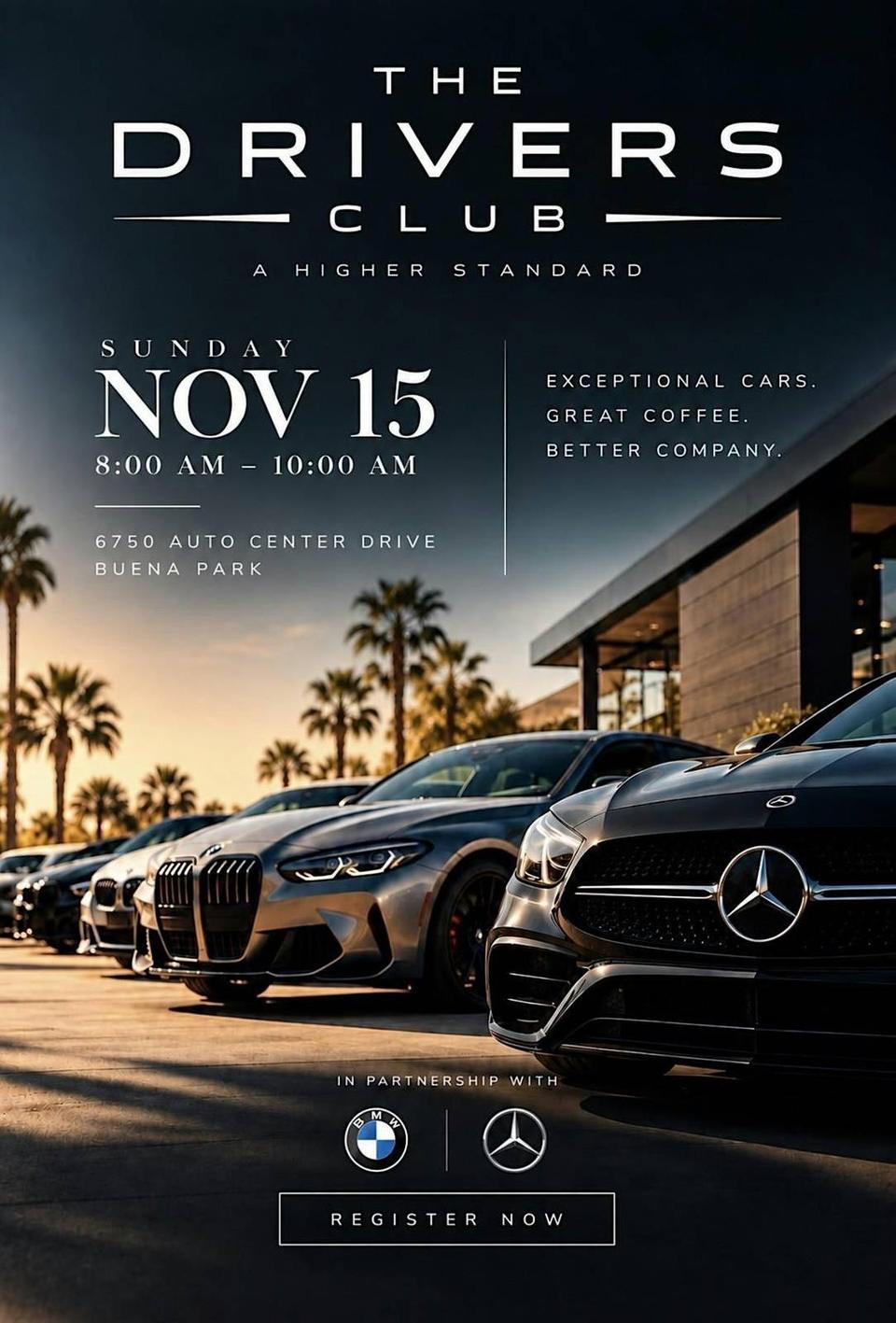 Flyer for The Drivers Club: Cars & Coffee - BMW of Buena Park