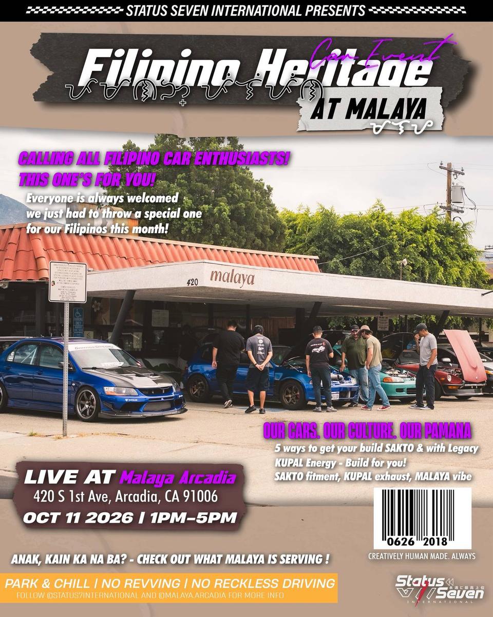Flyer for Filipino Heritage Car Event at Malaya Arcadia