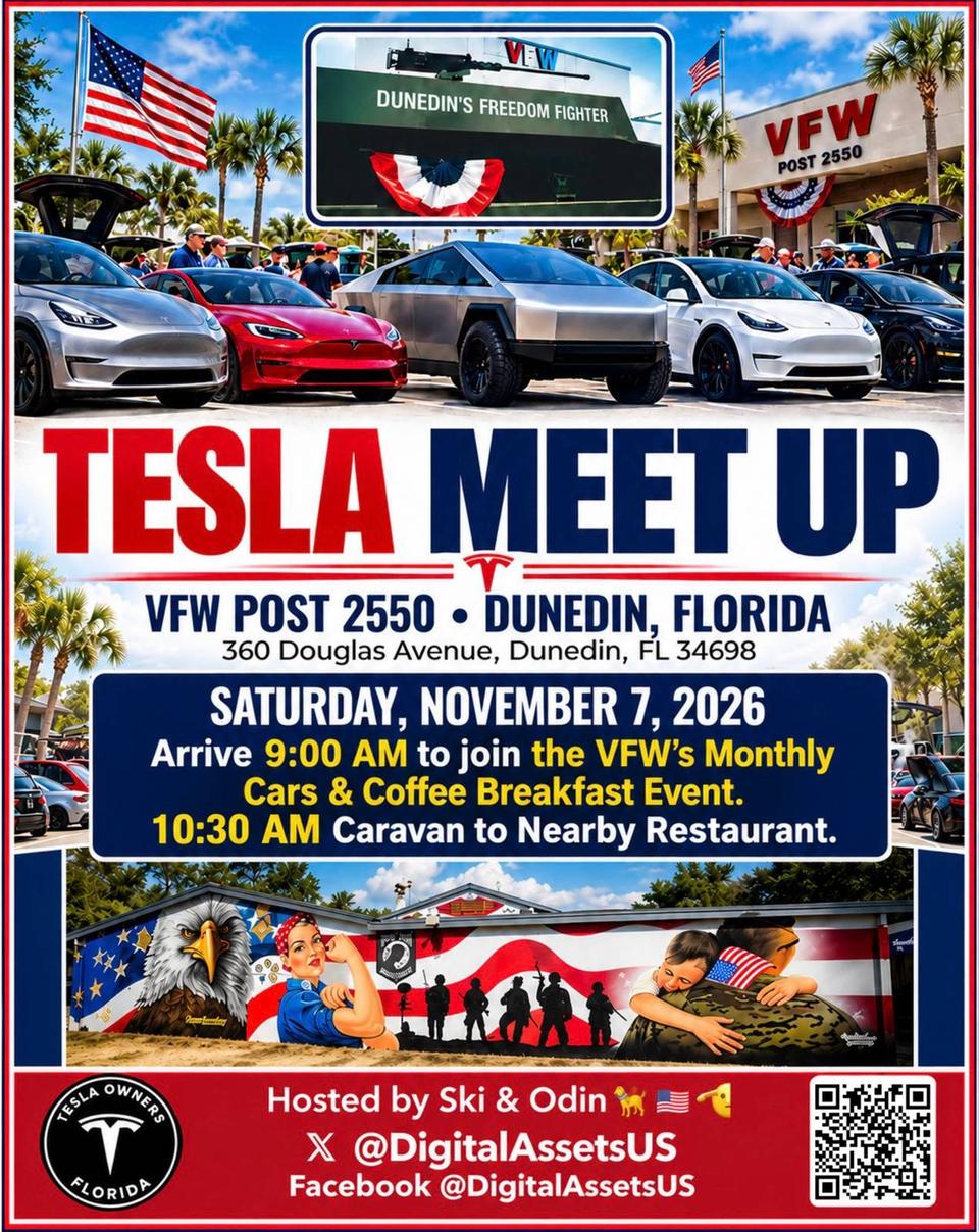 Flyer for Tesla Meetup at VFW Post 2550 Cars & Coffee - Dunedin