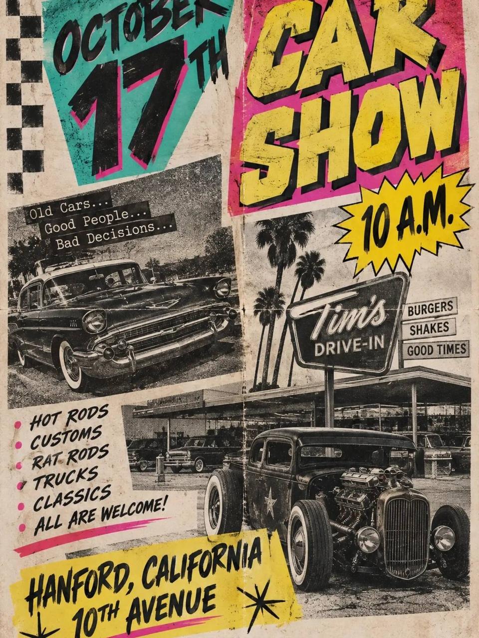 Flyer for Car Show at Tim's Drive-In - Hanford