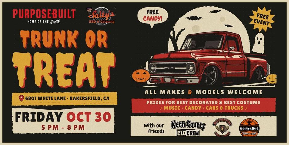 Flyer for Trunk or Treat Car & Truck Show - PurposeBuilt x Salty's BBQ, Bakersfield