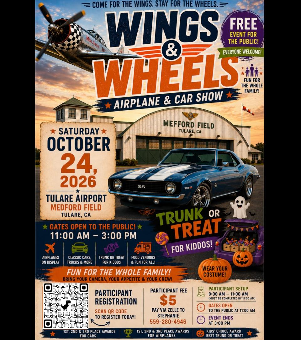 Flyer for Wings & Wheels Airplane & Car Show - Tulare Airport