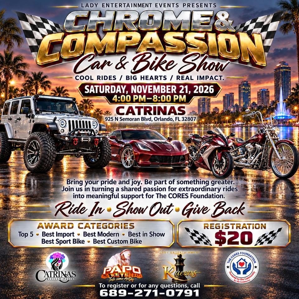 Flyer for Chrome & Compassion Car/Bike Show - Catrinas, Orlando
