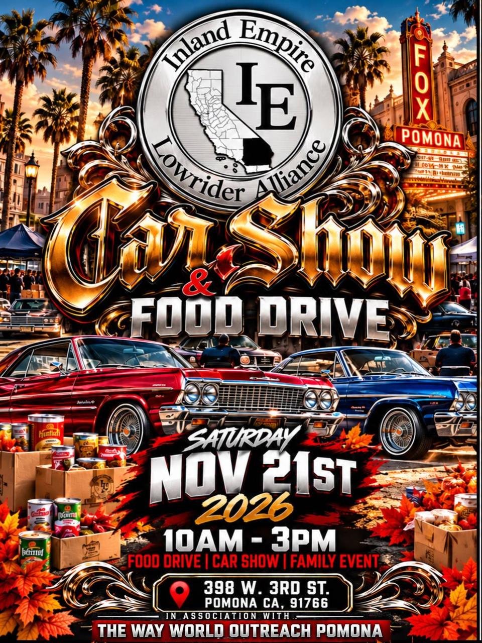 Flyer for IE Lowrider Alliance Car Show & Food Drive - Pomona