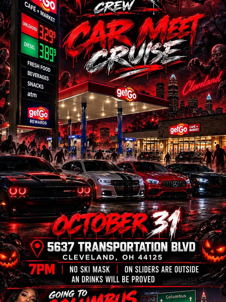 Flyer for MFG/RTC Halloween Car Meet & Cruise - Cleveland