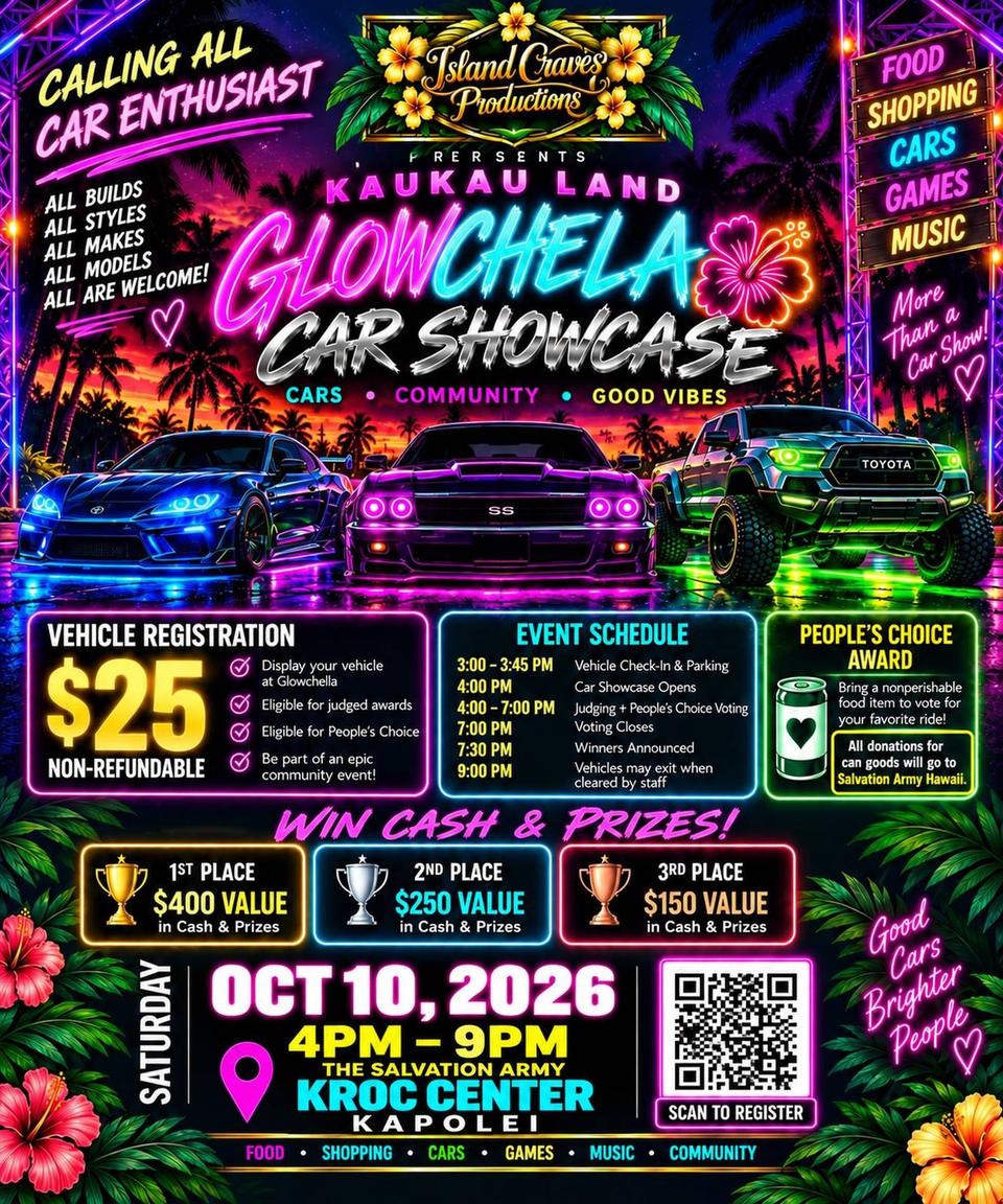 Flyer for Kaukau Land: Glowchella Car Showcase - Kapolei