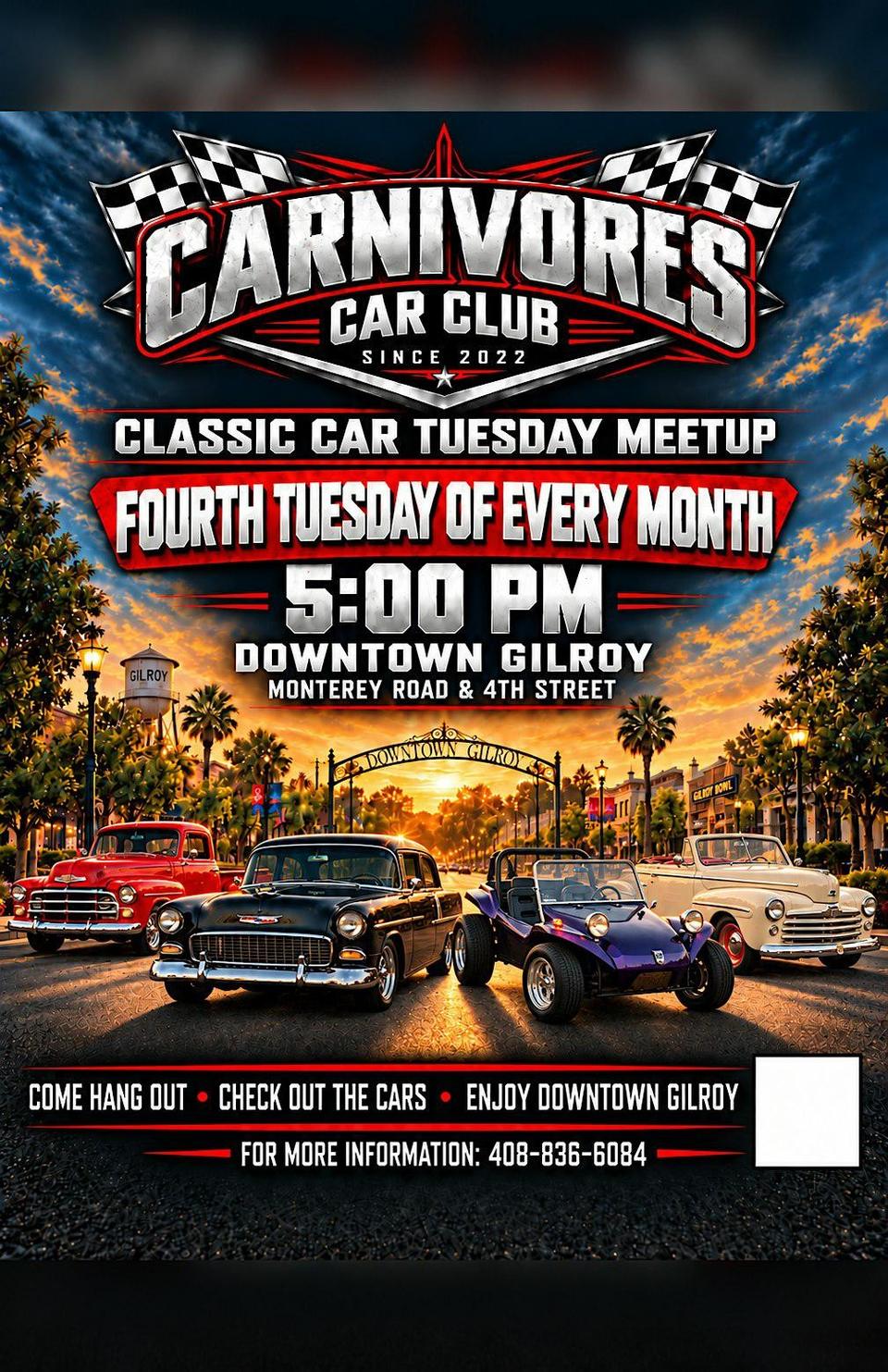 Flyer for Carnivores Classic Car Meetup - Downtown Gilroy
