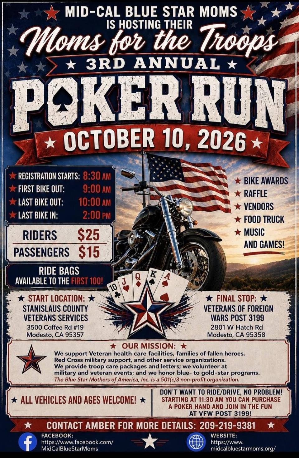 Flyer for Moms for the Troops 3rd Annual Poker Run - Modesto