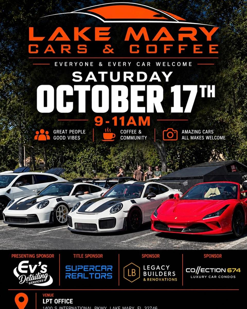 Flyer for Lake Mary Cars & Coffee - LPT Office
