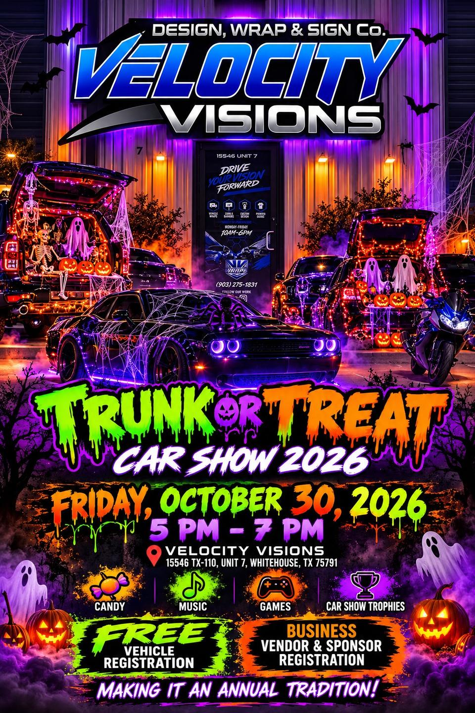 Flyer for Velocity Visions 2nd Annual Trunk or Treat & Car Show - Whitehouse