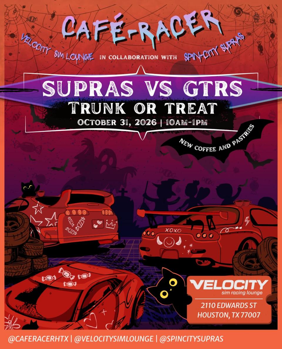 Flyer for Supras vs GTRs Trunk or Treat - Velocity Sim Racing Lounge, Houston