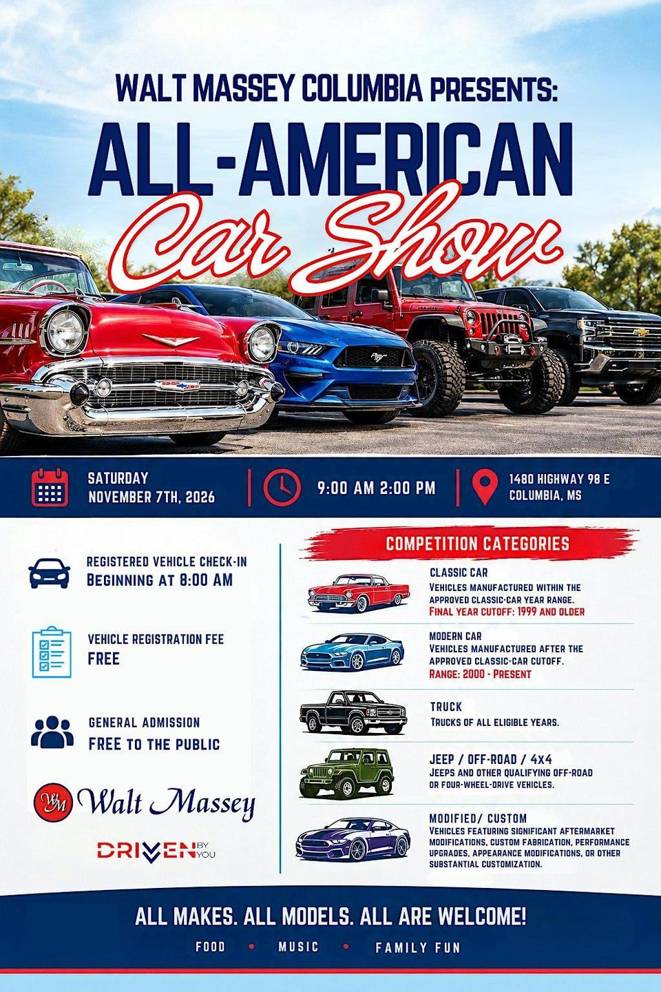 Flyer for All-American Car Show - Walt Massey Chevrolet Columbia