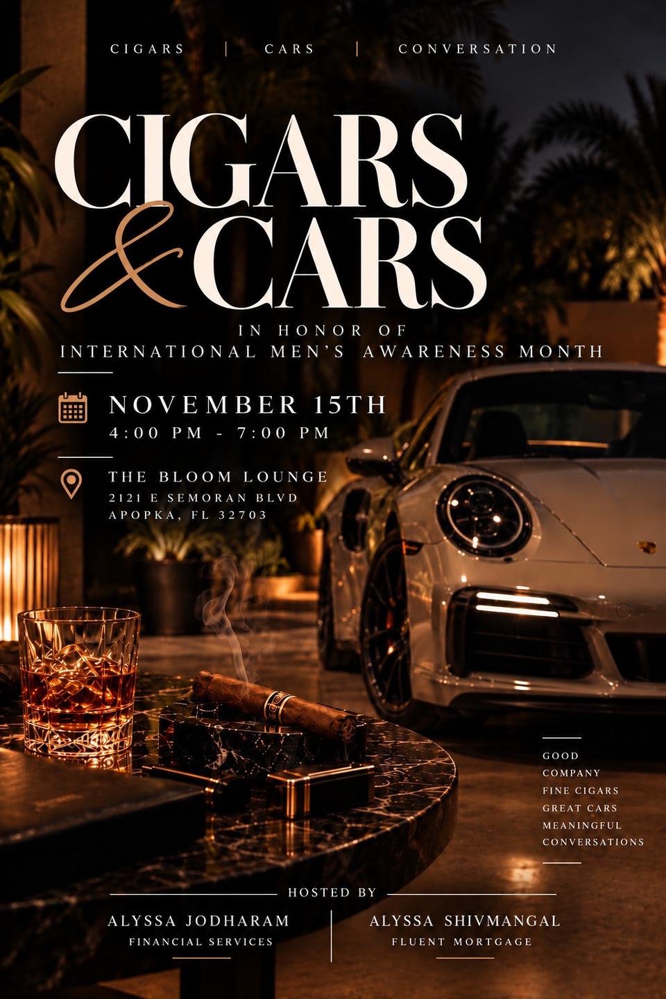 Flyer for Cigars & Cars - The Bloom Lounge, Apopka