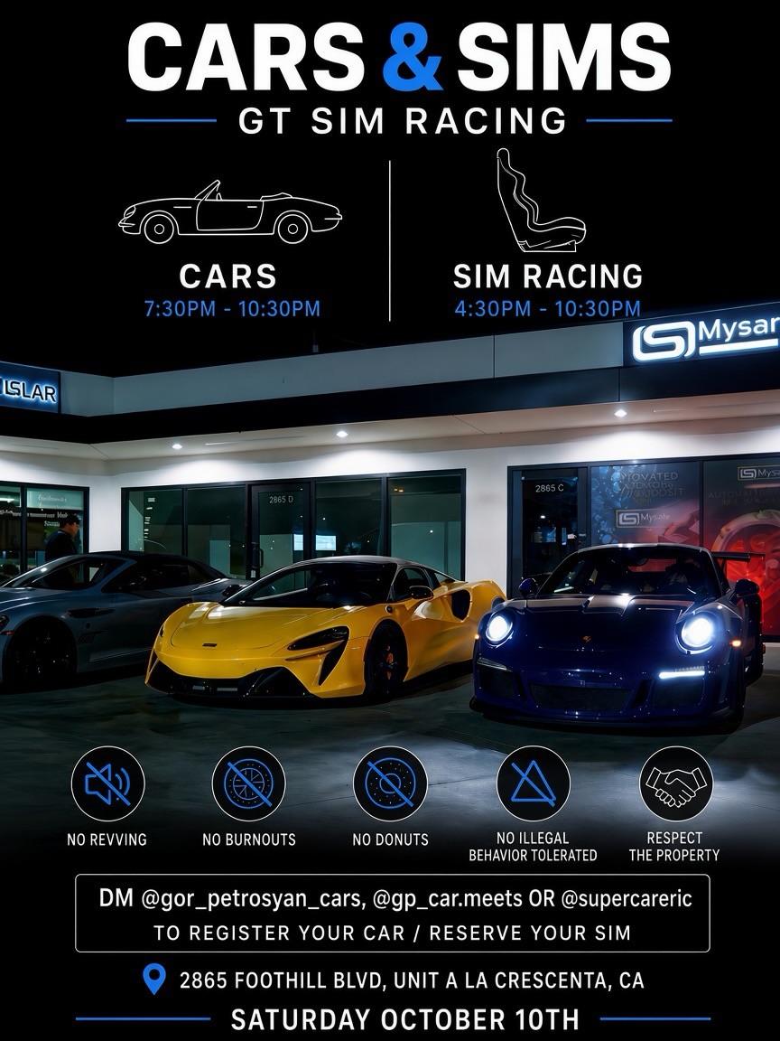 Flyer for Cars & Sims - GT Sim Racing La Crescenta