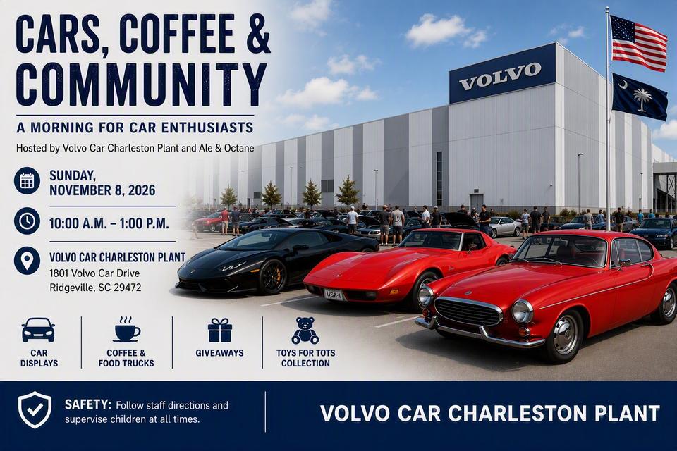 Flyer for Cars, Coffee & Community - Volvo Car Charleston Plant, Ridgeville