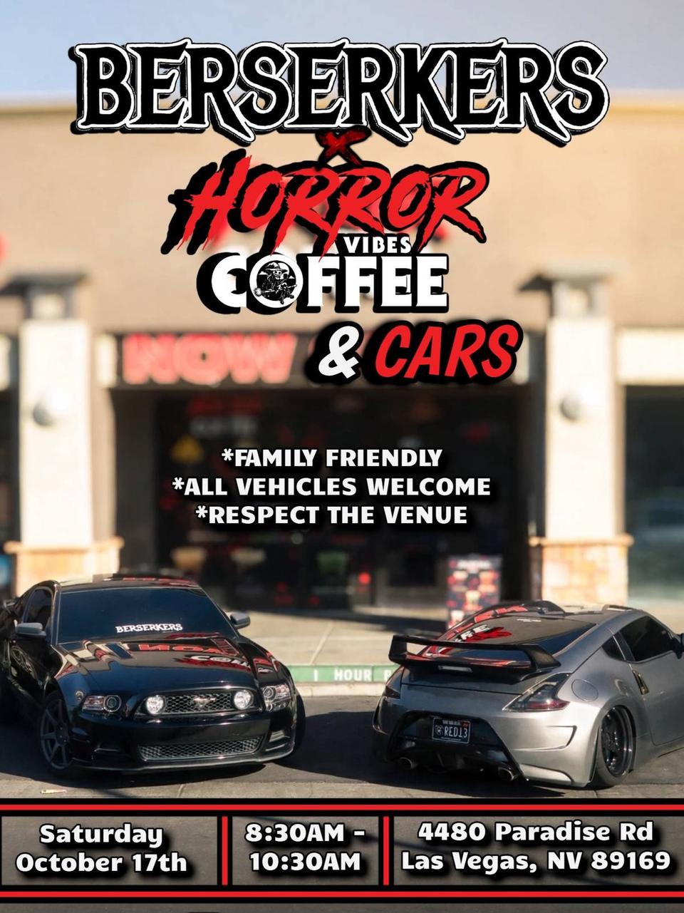 Flyer for Berserkers x Horror Vibes Cars and Coffee