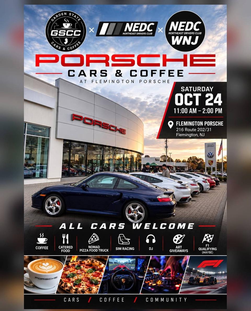 Flyer for Garden State Cars & Coffee x NEDC West - Flemington Porsche