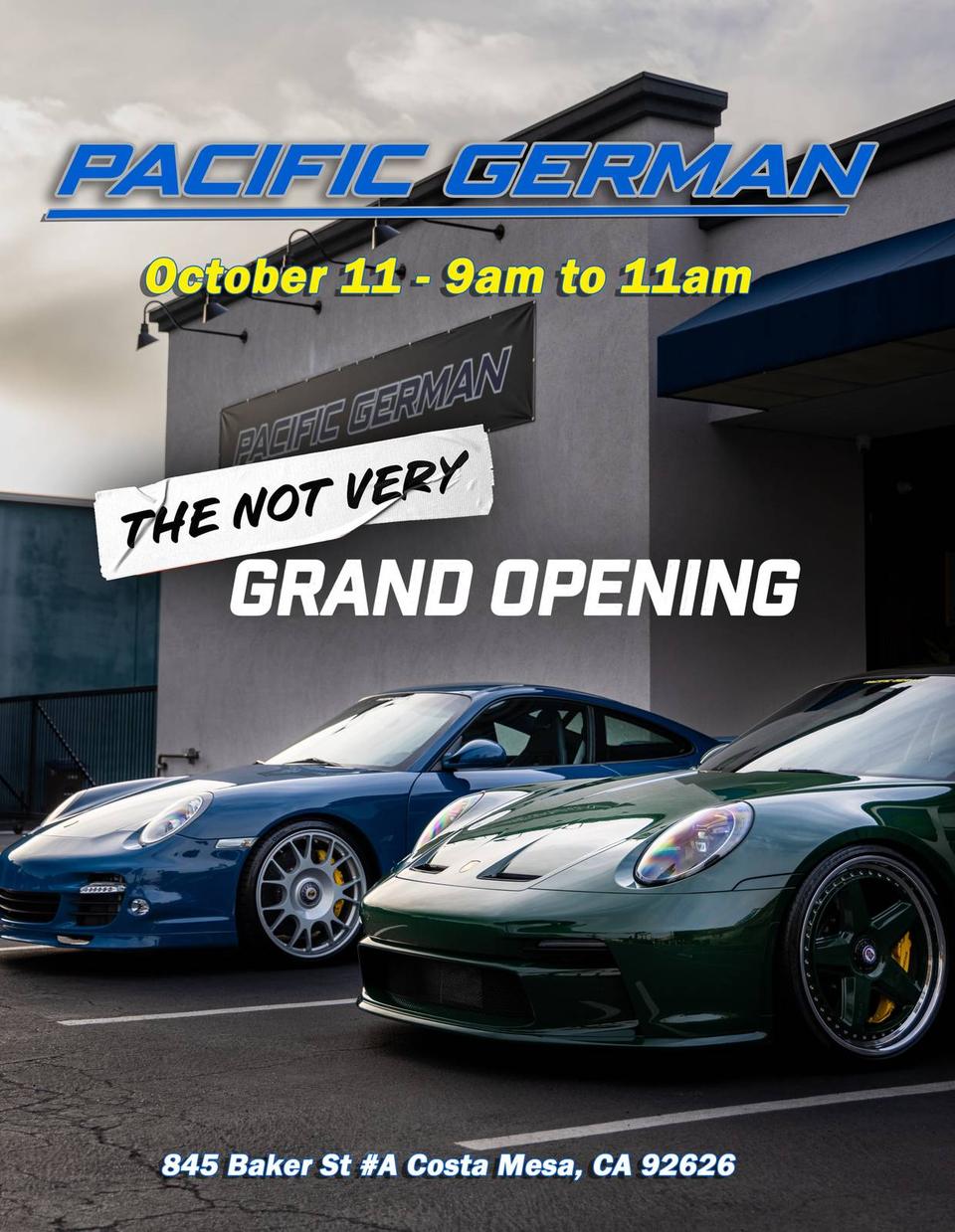 Flyer for Pacific German Grand Opening Cars & Coffee - Costa Mesa
